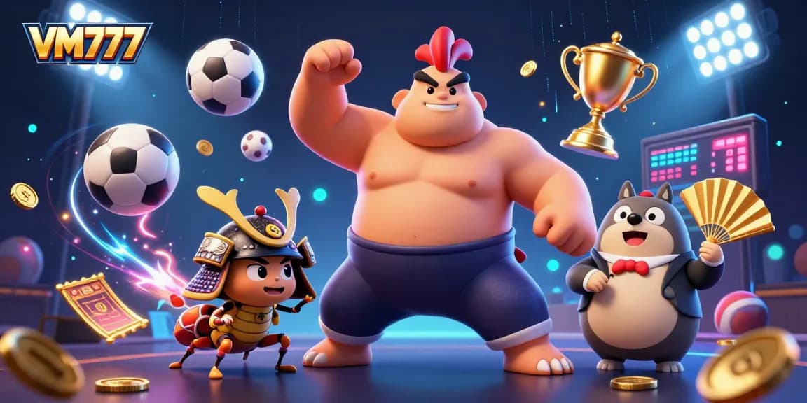 Experience the thrill of VM777 with 3D characters in a dynamic sports betting atmosphere.