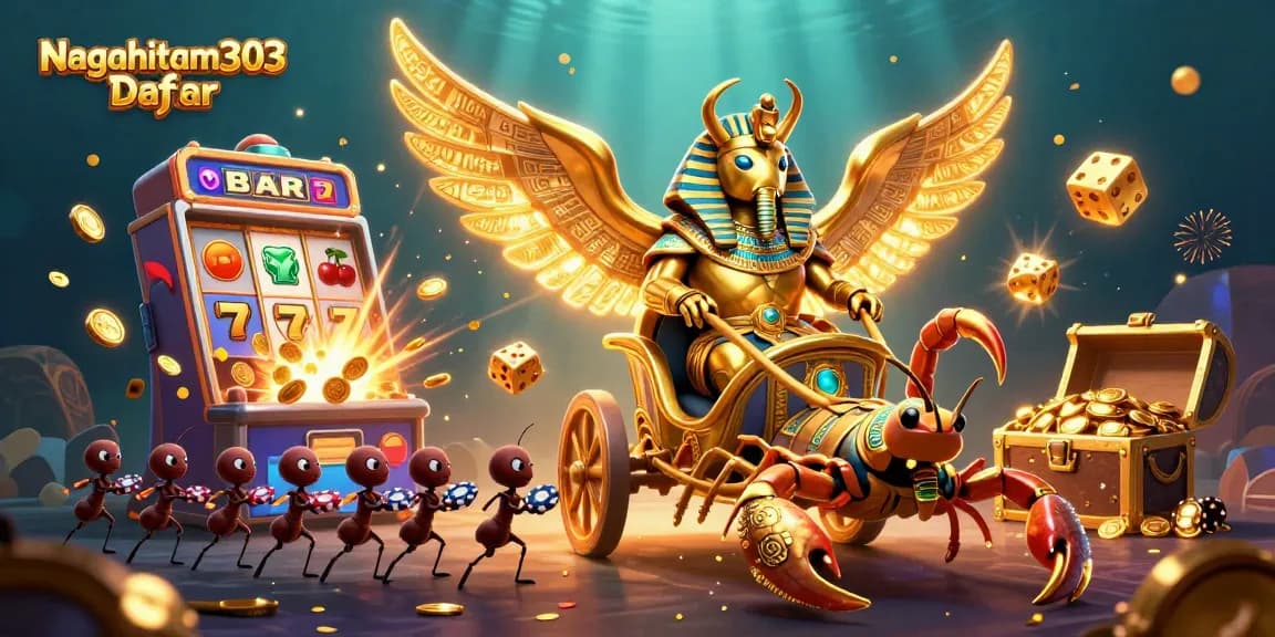 Nagahitam303 Daftar showcases a dynamic casino scene with a golden scarab beetle and exciting gaming elements.