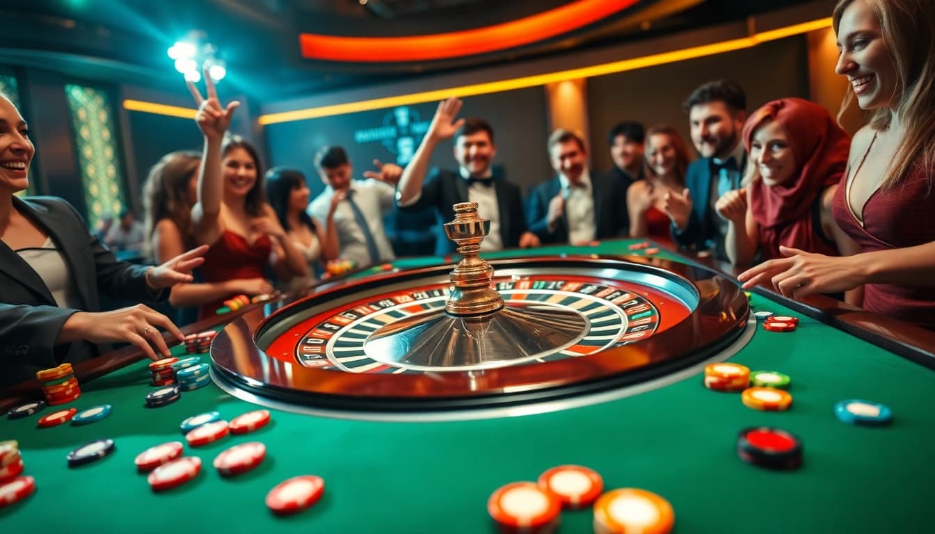 Aksi taruhan dan kemenangan di meja roulette dentoto yang meriah dan penuh warna.