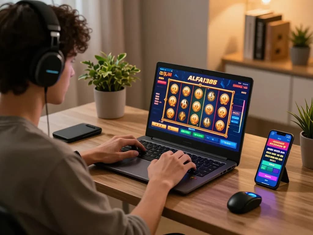 Engaging in ALFA 138 online gaming session with vibrant visuals in a cozy home setup.