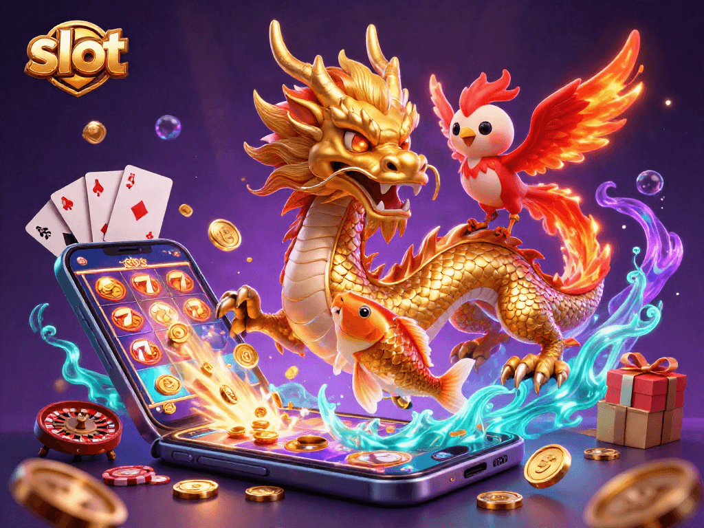 Spin the reels in this vibrant 3D scene featuring a dragon, phoenix, and koi fish along with slot game elements.