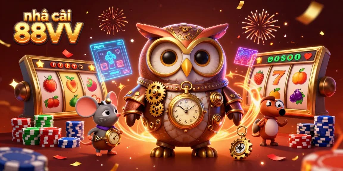 Play thrilling games at nhà cái 88VV, featuring dazzling 3D casino illustration with owls and vibrant slot elements.