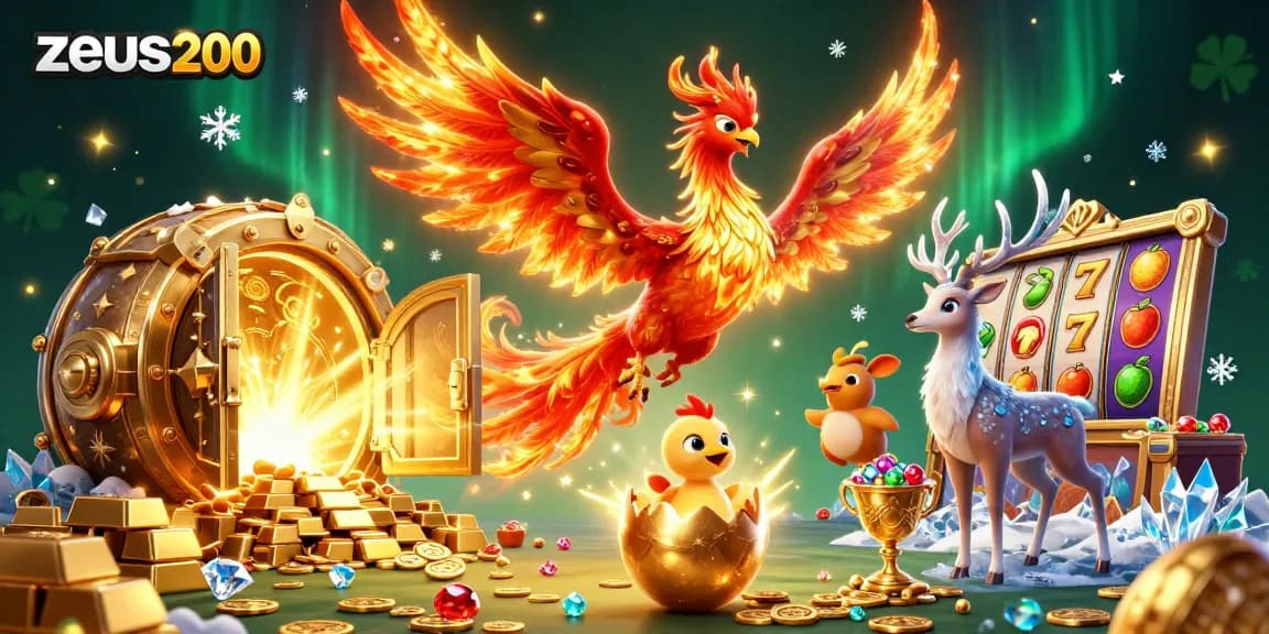 Menang di slot zeus200 dengan phoenix berapi dan harta berkilau di latar belakang.