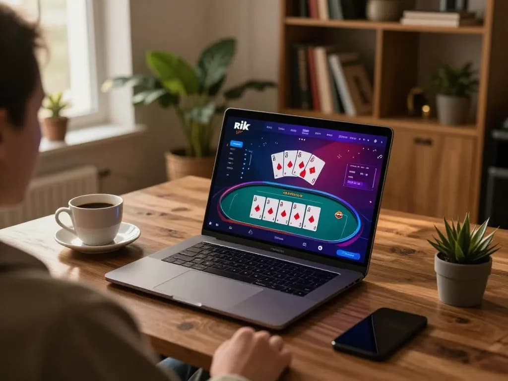 Player engaging with the rik gaming app on a laptop, showcasing strategic online poker gameplay.