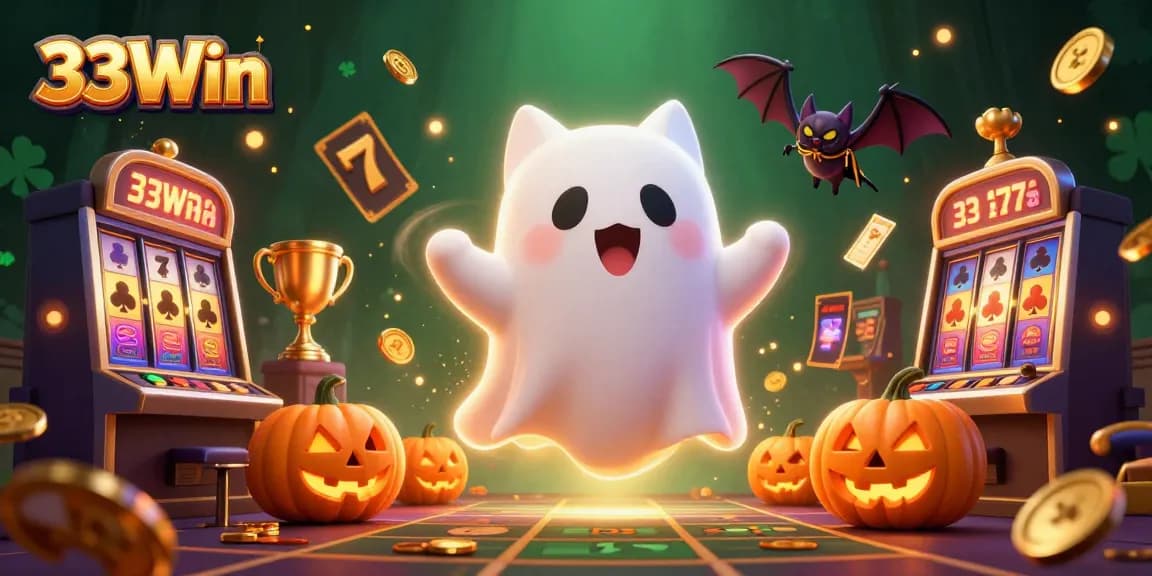 Experience thrilling gameplay with 33Win in a haunted casino atmosphere featuring playful ghost cat and lively slot games.