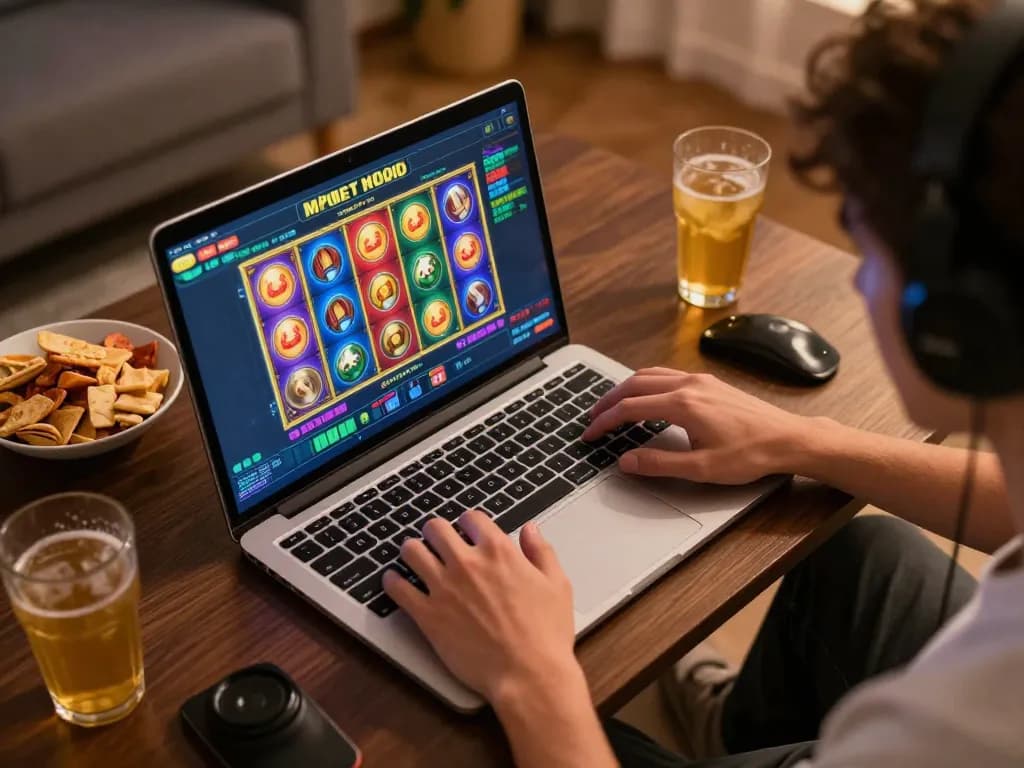 Engaging in mpoid slot games on a laptop, showcasing a dynamic home gaming atmosphere.