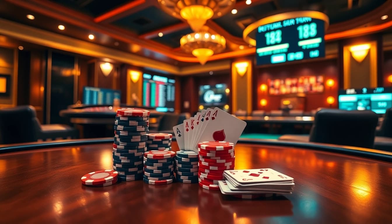 Experience thrilling poker online action at an elegant casino table filled with vibrant chips and cards.