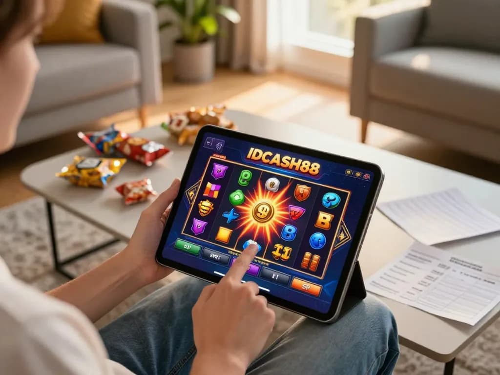 IDCASH88 player engaging with exciting online slot games on a tablet in a cozy home atmosphere while practicing responsible gaming.