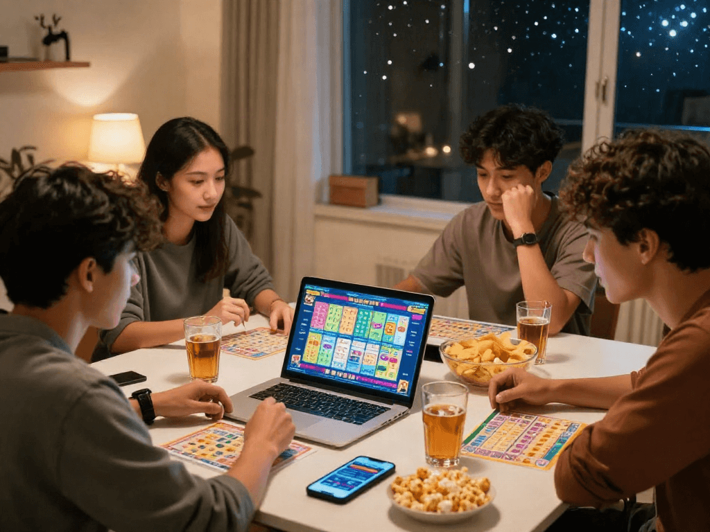 Teman-teman sedang bermain togel online di ruangan nyaman dengan tiket lotere dan minuman di meja.