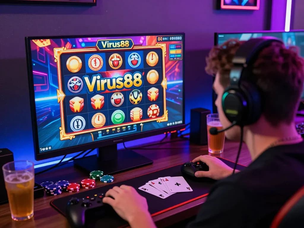 Pemain menikmati permainan slot online Virus88 yang mendebarkan dalam pengaturan permainan yang mendalam.