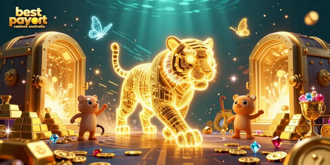 Witness the best payout casinos Australia in a vibrant scene featuring a golden tiger and holographic butterflies.