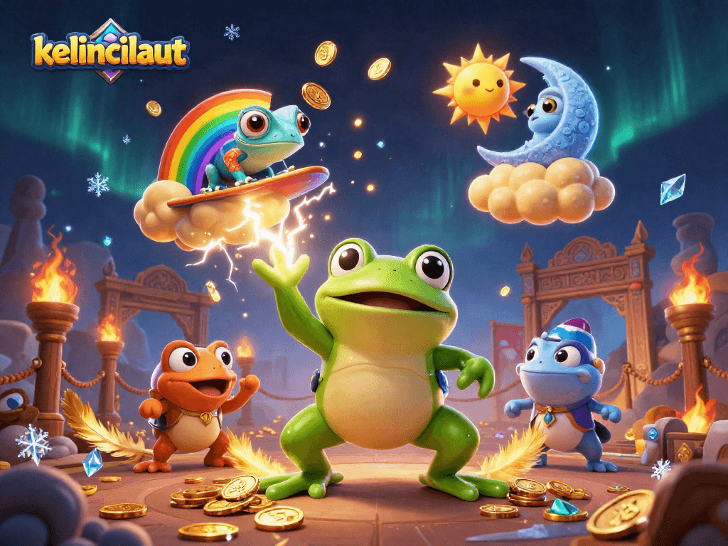 Play and win with kelincilaut in a vibrant storm of golden coins and magical casino elements.