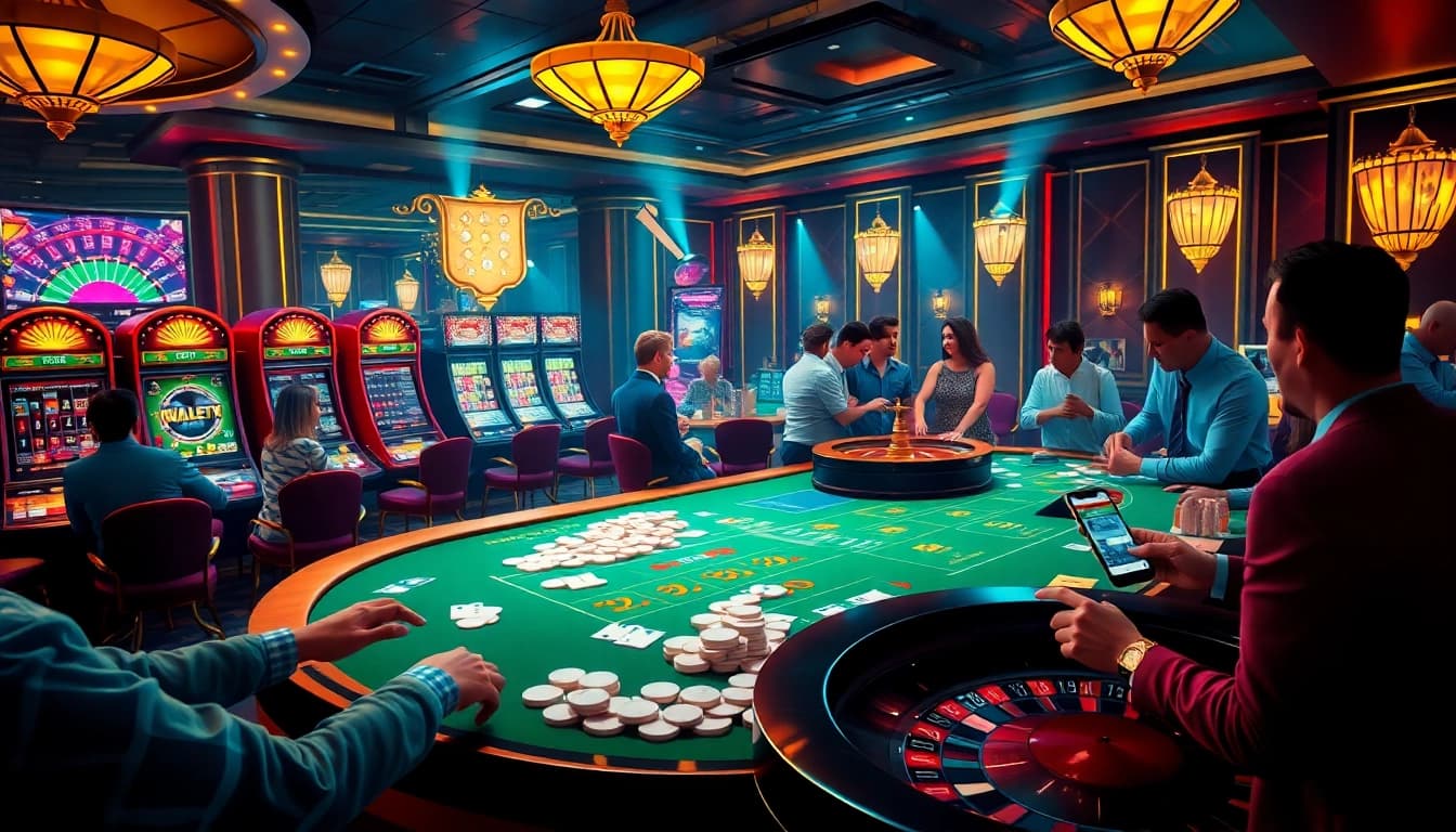 WALA88 gamblers engaging with vibrant slot machines and high-stakes games in a luxury casino setting.