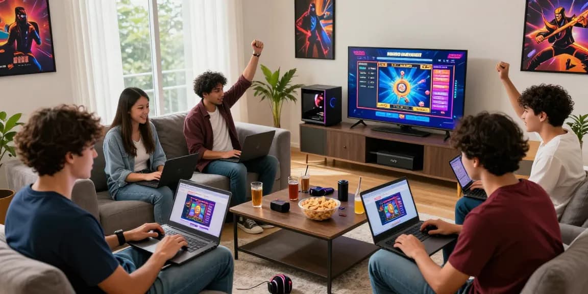 Young adults enjoying gaming together, playing situs slot raffi ahmad online slots in a lively living room.