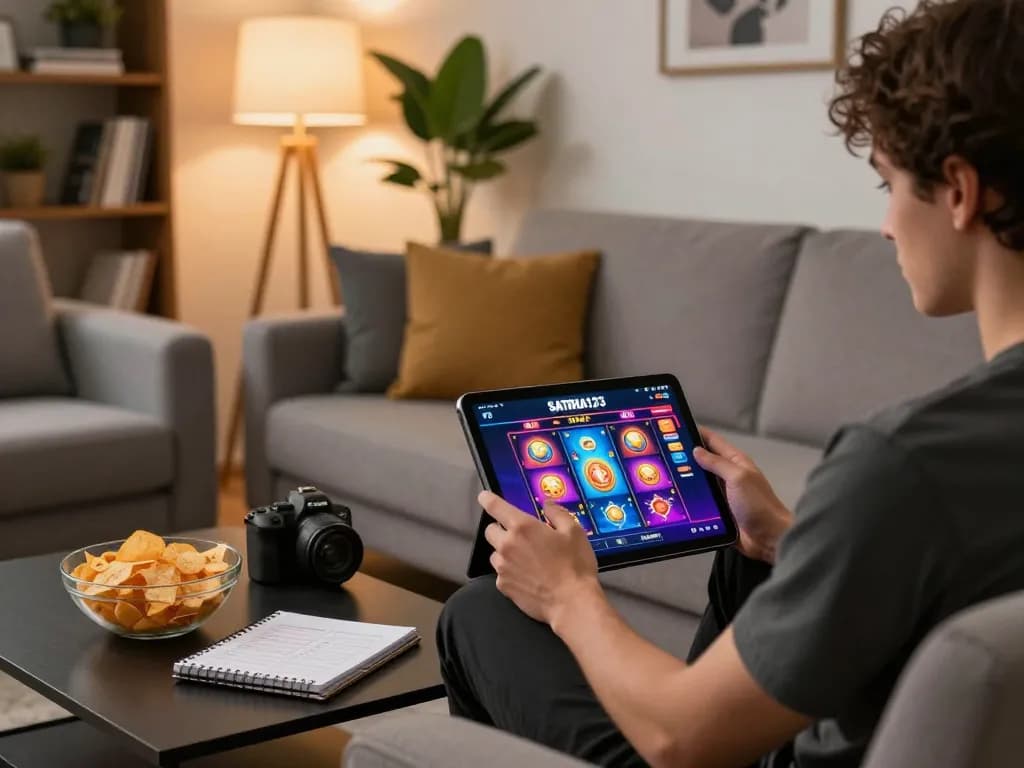 SATRIA123 player engaging with online slot games at a cozy home setup, showcasing responsible gaming practices.