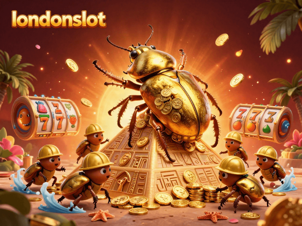 Engage with londonslot's thrilling slots experience as golden beetles build fortune amidst vibrant casino symbols.