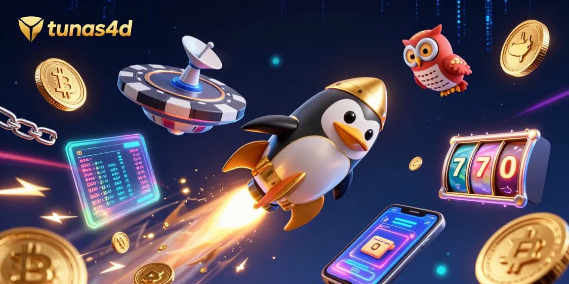 Engage in thrilling slots at tunas4d with a vibrant 3D penguin and cryptocurrency elements.