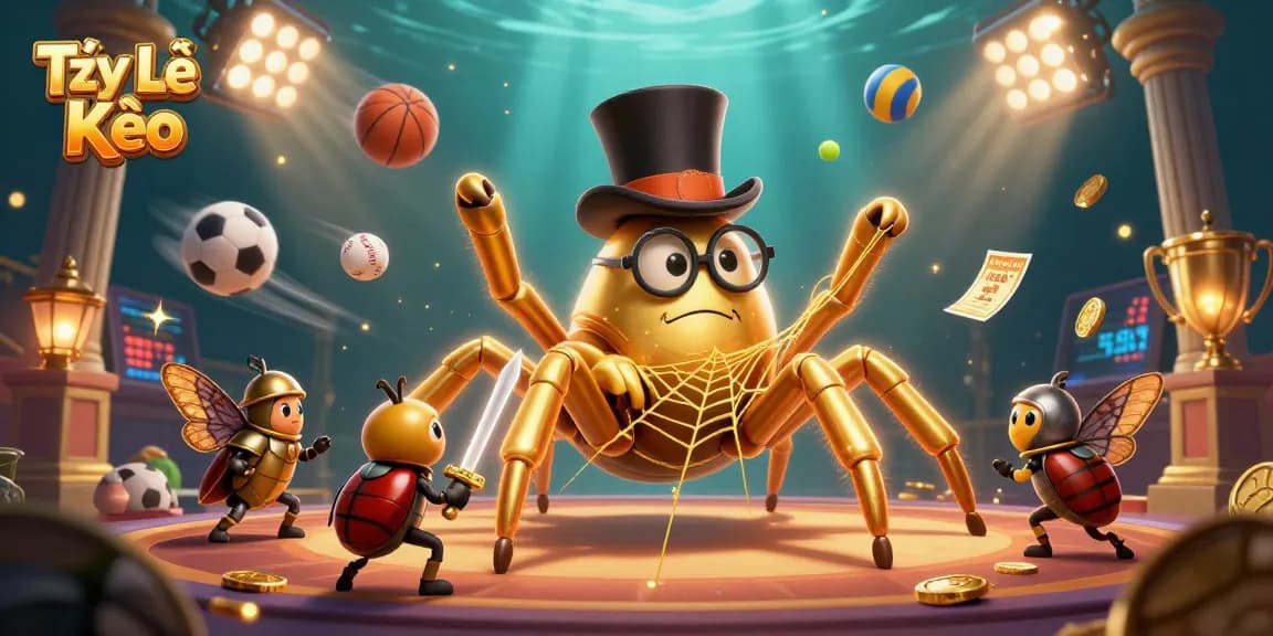 Tỷ Lệ Kèo showcases thrilling sports betting dynamics with a vibrant 3D illustration featuring a golden tarantula and beetle knight.