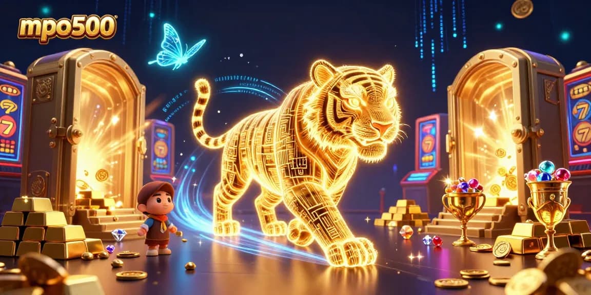 Mpo500 menampilkan harimau emas neon di kasino digital dengan lampu dan harta karun berkilau.