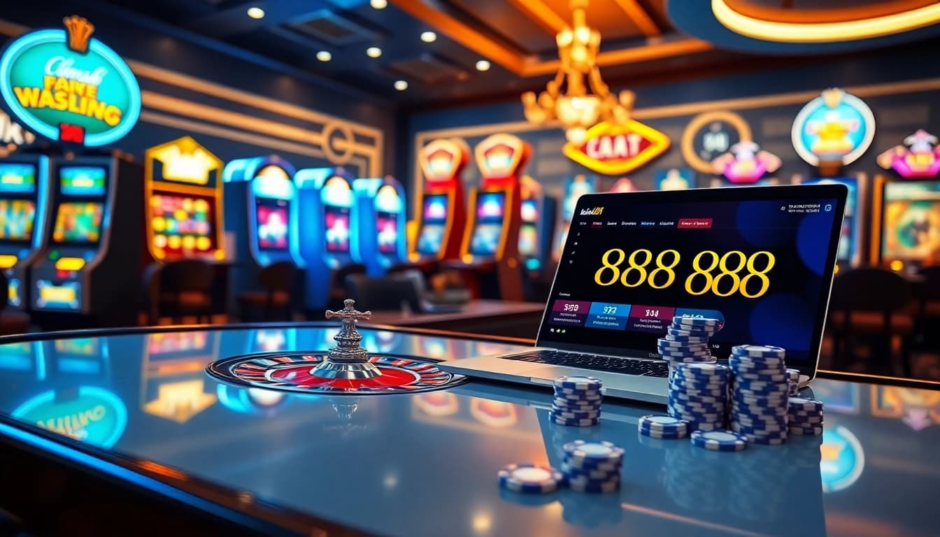 Experience the excitement of berlin 888 gaming with a luxurious online casino setup featuring vibrant slot machines.