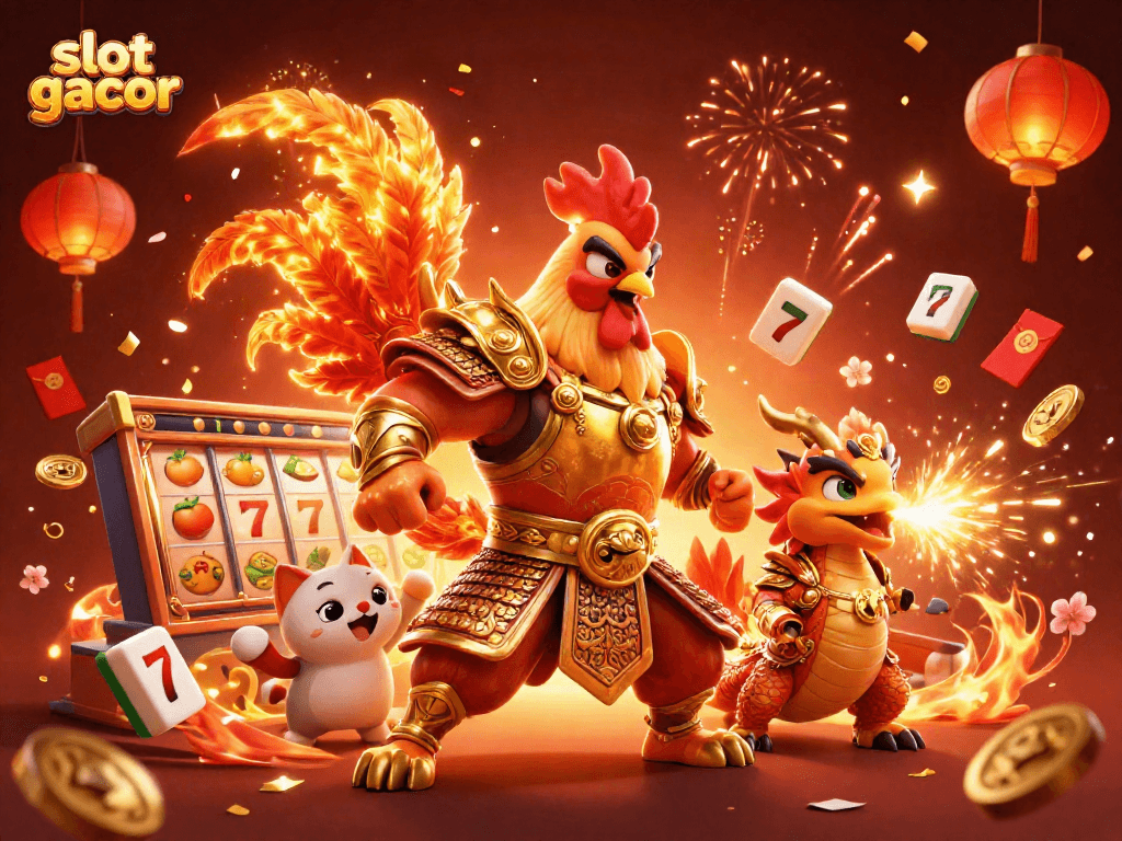 Gali kesenangan dengan slot gacor dan simbol beruntung dalam ilustrasi 3D penuh warna.