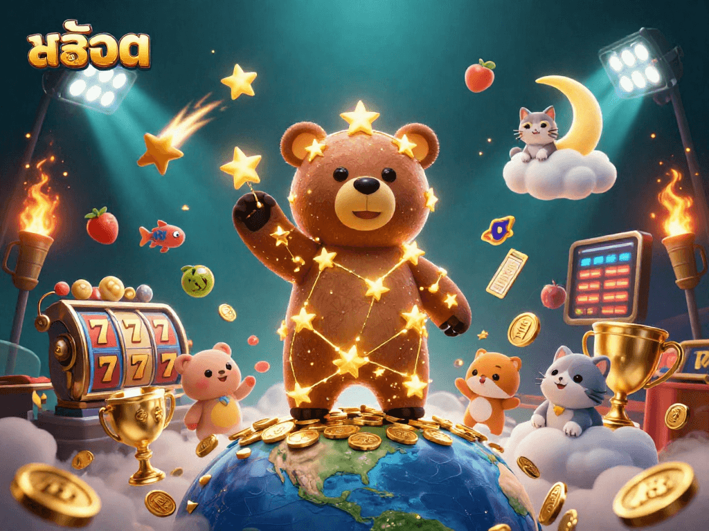Experience exciting สล็อต gameplay with our vibrant and rich 3D illustration featuring slot reels and golden stars.