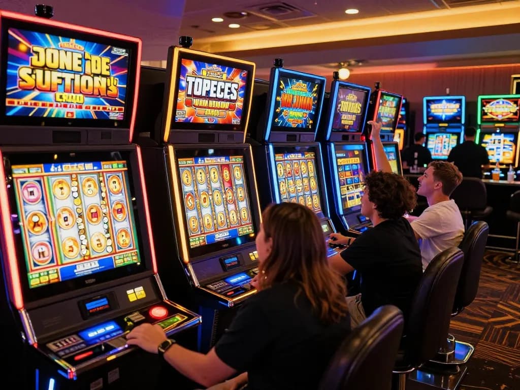 Players celebrating wins on slot zeus machines in a bustling casino atmosphere.