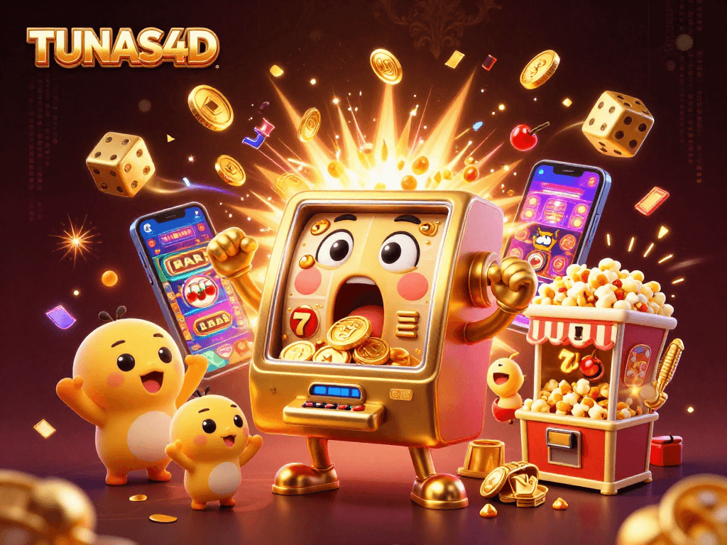 TUNAS4D's exciting slot experience comes alive as the golden slot machine wins a jackpot amidst cheering baby slots.