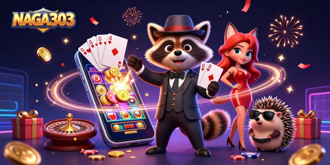 NAGA303 showcases exciting slot gameplay with dynamic characters celebrating wins and vibrant casino elements.