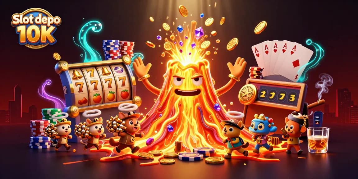 Experience thrilling gameplay with Slot depo 10K, featuring vibrant casino elements and dynamic characters.
