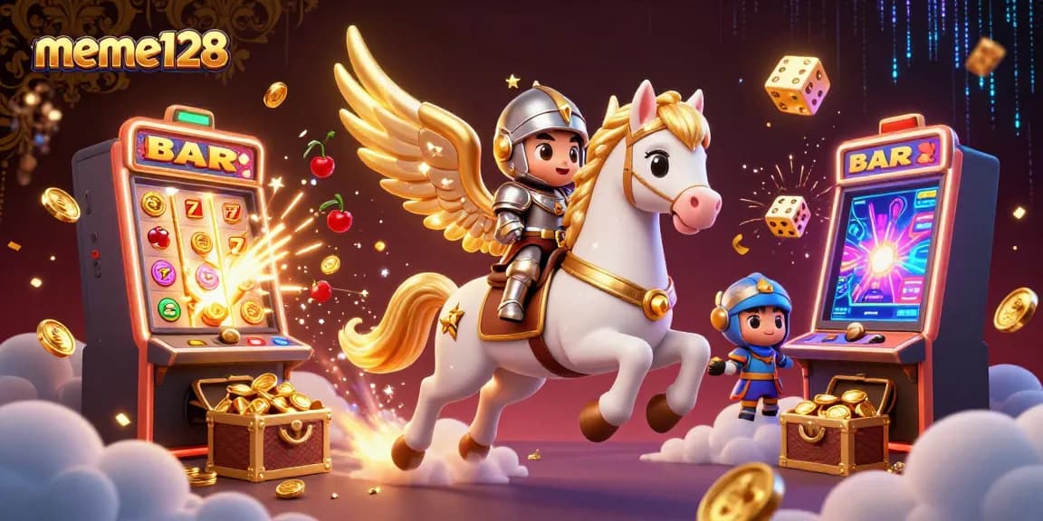 Win big with meme128 at thrilling slots and exciting games featured in this vibrant illustration.