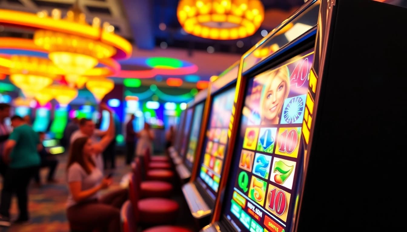 Mesin slot dengan lampu berkilau di kasino yang meriah.