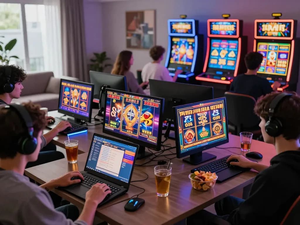Suasana permainan daring yang menarik dengan pemain menikmati permainan slot virus88 di berbagai perangkat.