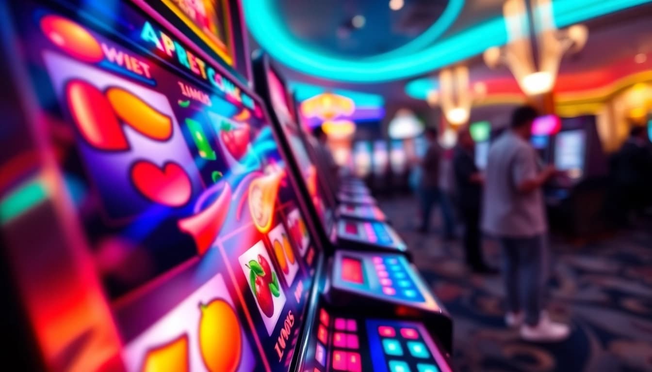 Menang di slot mesin permainan kasino yang colorfull dan ceria penuh simbol.