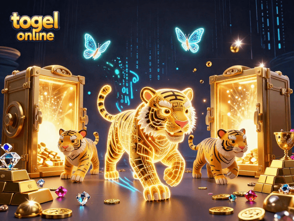 Mengakses togel online melalui ilustrasi kasino digital dengan harimau emas berenergi dan teman kupu-kupu holografik.
