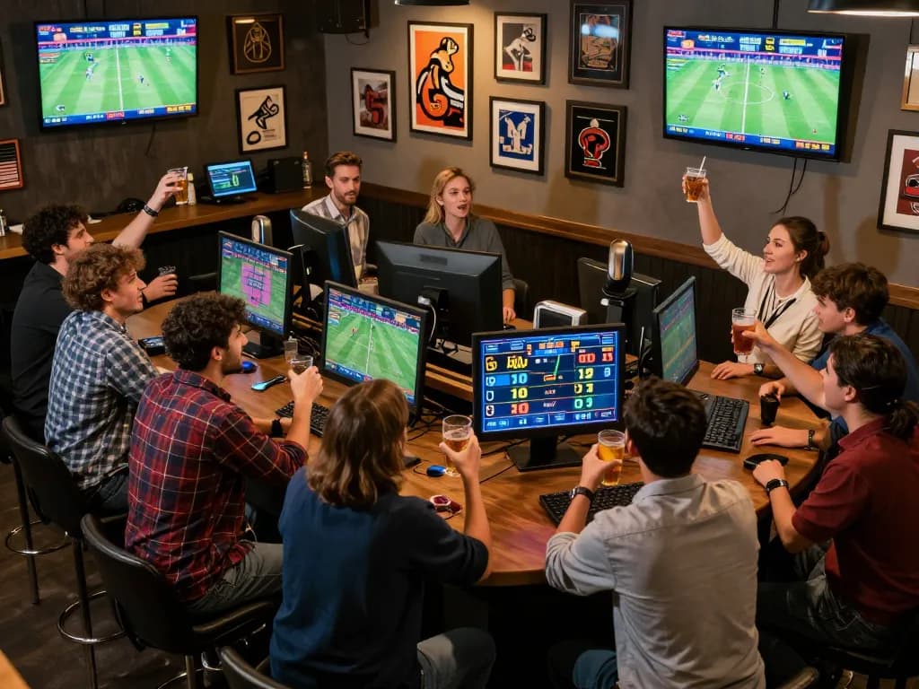 People cheering for their bets at 78win sports betting bar with live screens and drinks