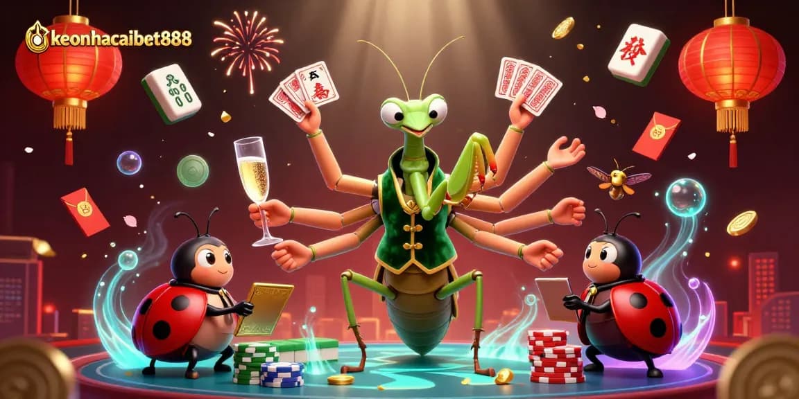 Experience the excitement of keonhacaibet888 with vibrant casino elements featuring a giant card sharp and colorful decorations.