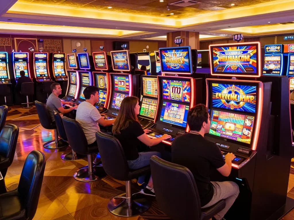 Players engaging with vibrant slot gacor machines amidst exciting casino atmosphere.