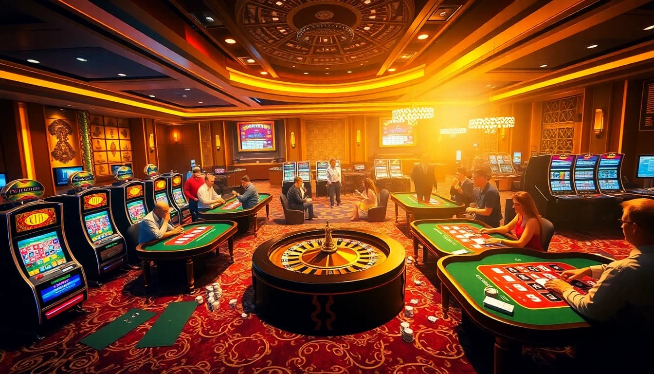 Experience thrilling gaming action at E2bet's luxurious casino, showcasing vibrant tables and excited players.