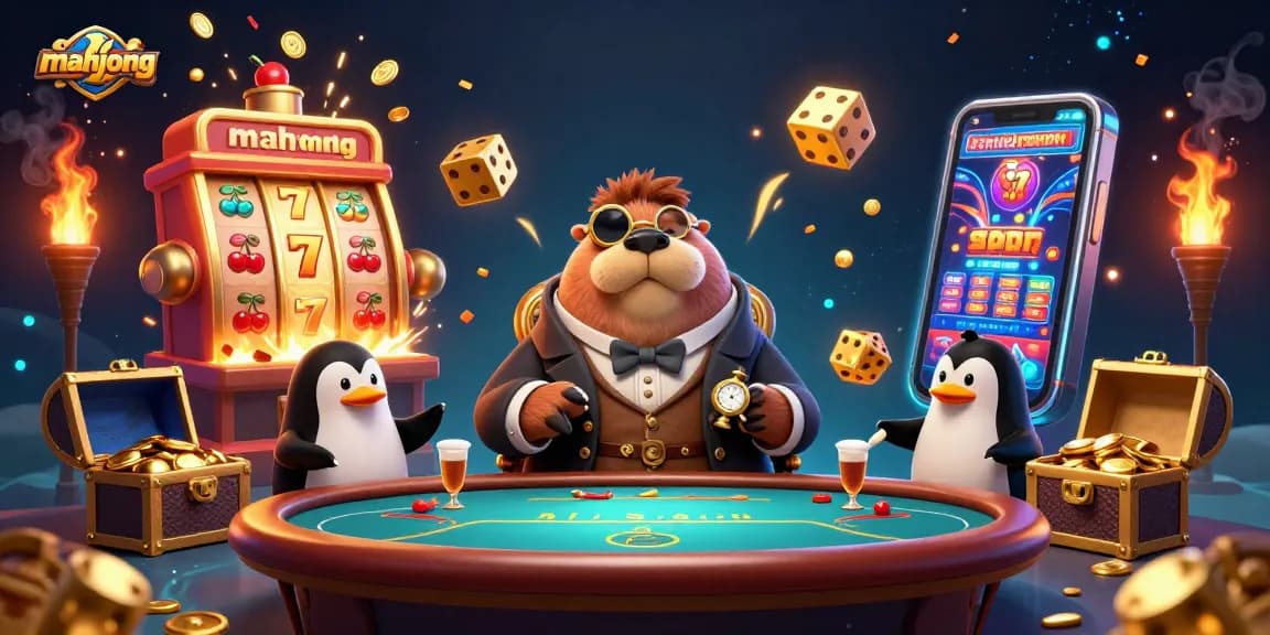 Experience mahjong excitement with vibrant underwater poker scene featuring a walrus, penguin dealer, and bluffing pufferfish.