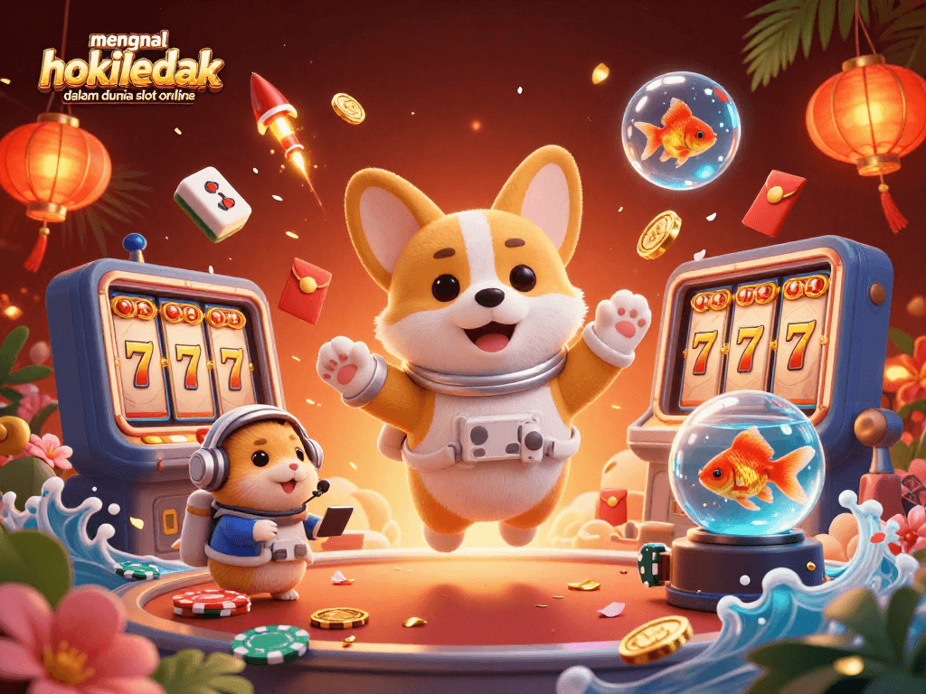 Mengenal Hokiledak dalam dunia slot online, featuring a cartoon corgi and whimsical casino elements dynamically floating within a vibrant cosmic scene.