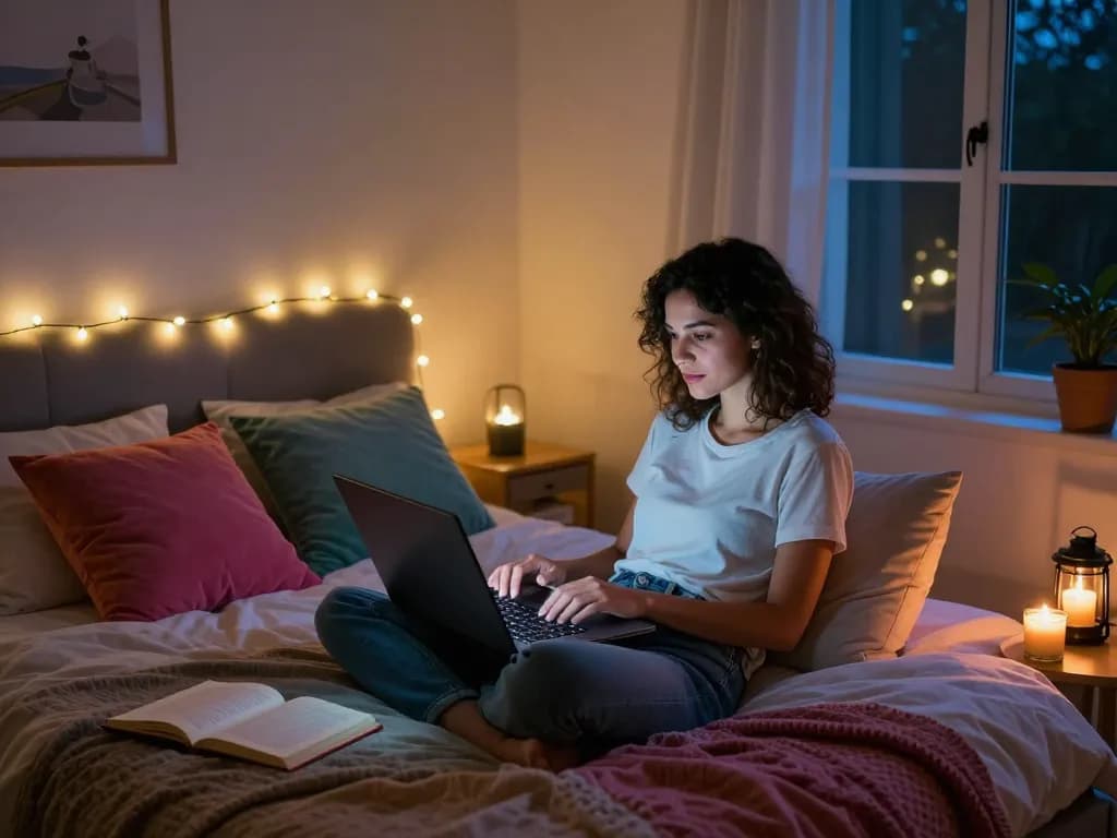 Engaging in AI sexting on a laptop in a cozy bedroom setting with warm lights, creating an intimate atmosphere.