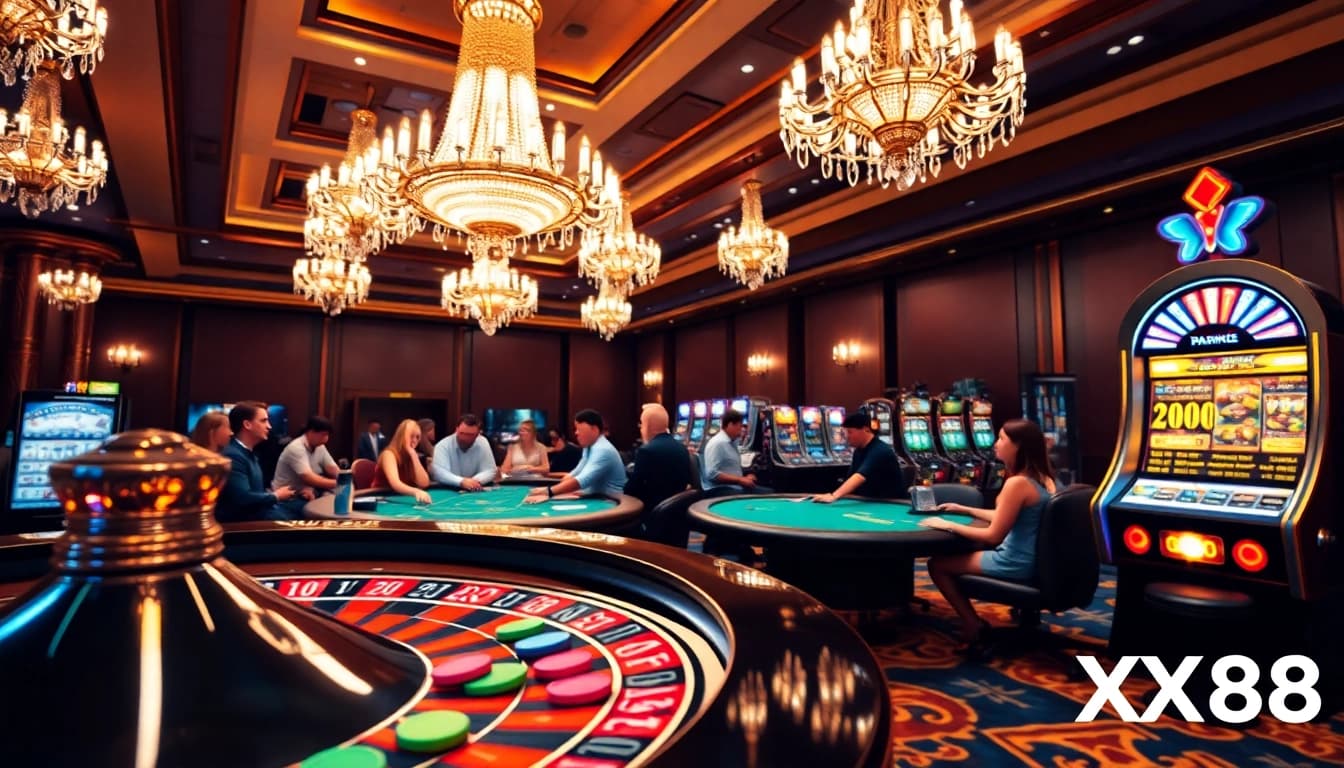 Players experiencing the excitement of XX88 casino games with roulette and poker tables.