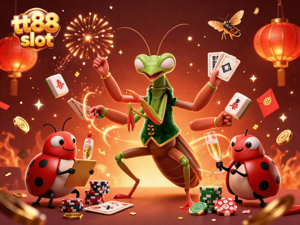 Experience the excitement of tt88 slot with dynamic 3D casino characters amidst festive elements.