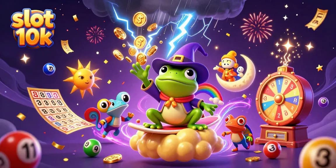 Engage with slot 10k adventure featuring a wizard frog, chameleon, and vibrant gaming elements.