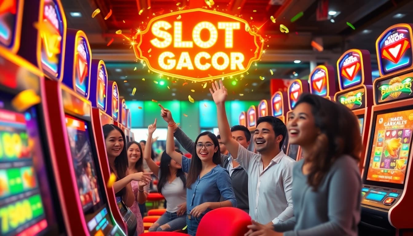 Exciting scene of players celebrating wins on slot gacor machines in Indonesia.