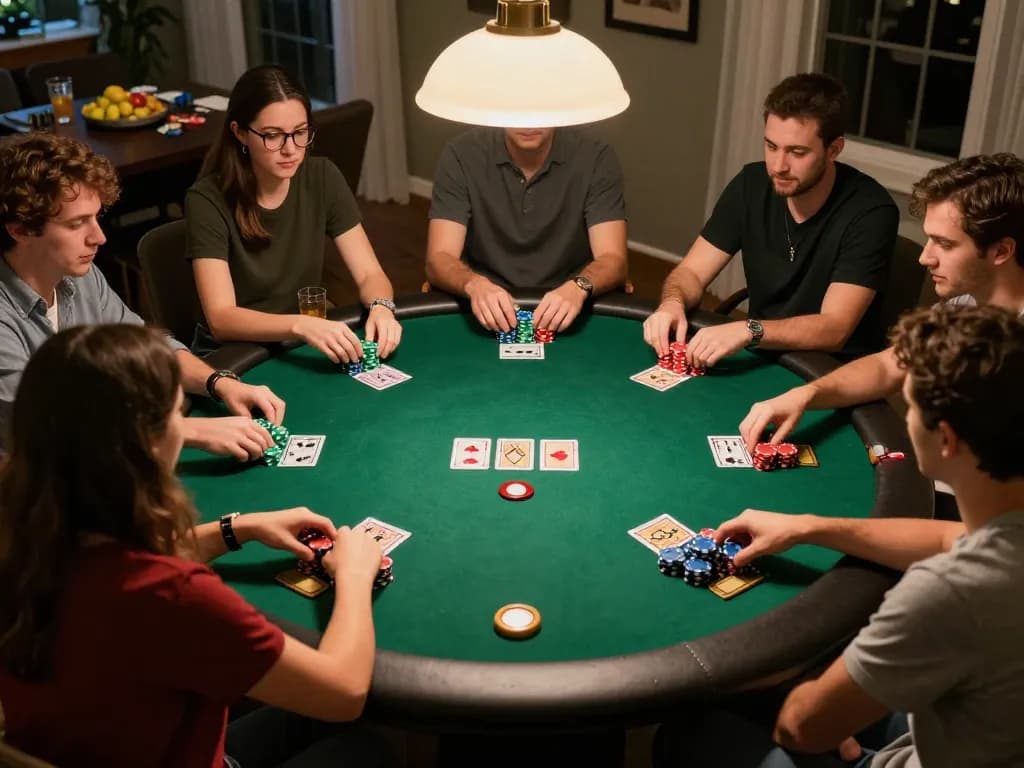 IDNSCORE poker night with friends strategizing and enjoying gameplay at home.