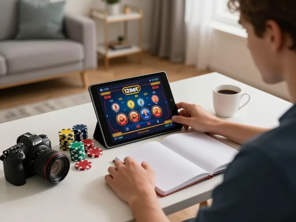 Người chơi đắm chìm trong trò chơi trực tuyến 12bet, hiển thị máy tính bảng với hành động casino trực tiếp và không gian ấm cúng.