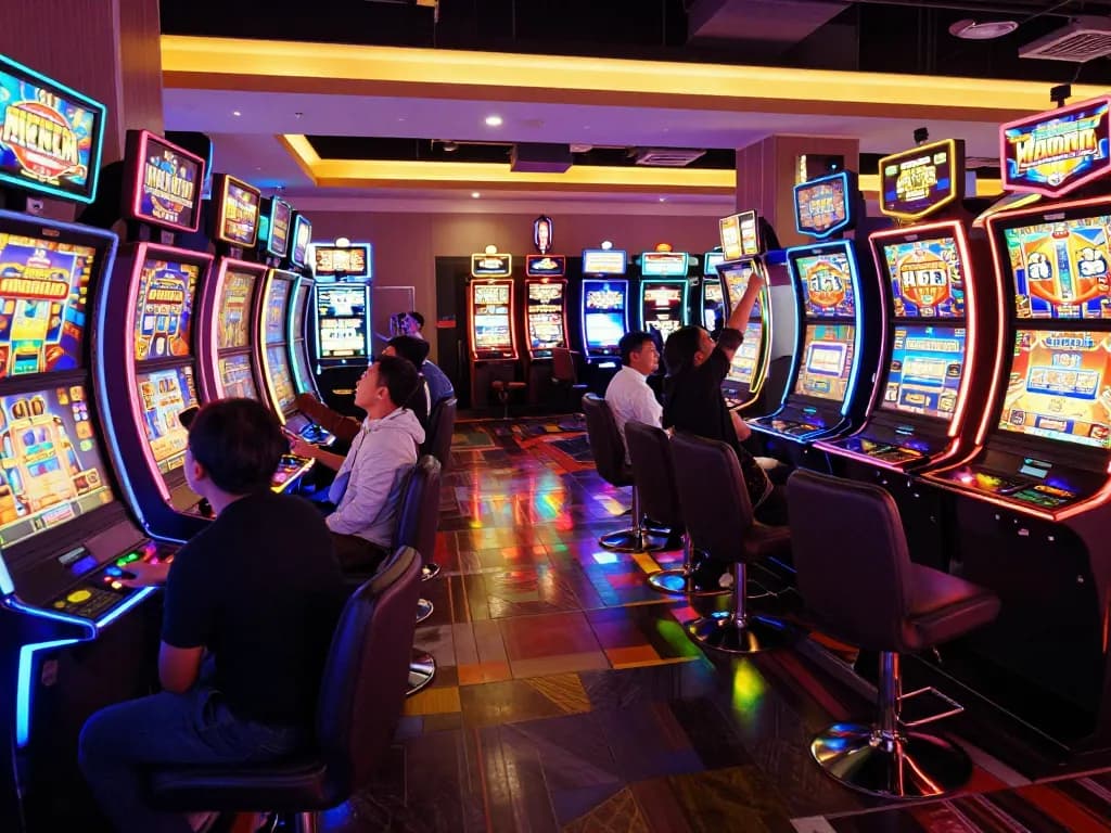 Players celebrating wins at vibrant slot gacor machines in a lively casino environment