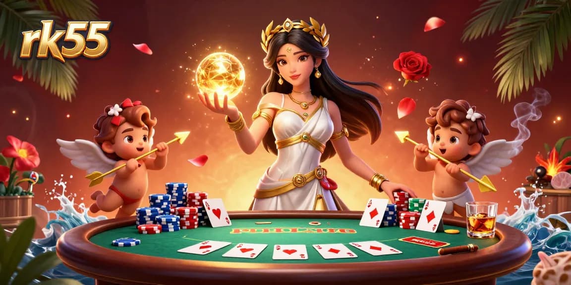 Experience thrilling gaming at rk55, featuring a goddess with poker elements and charming Cupids.